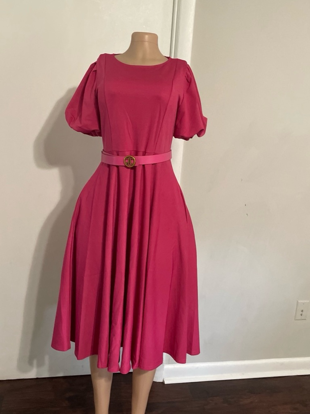 Elegant Fuchsia Puff-Sleeve Midi Dress with Belt